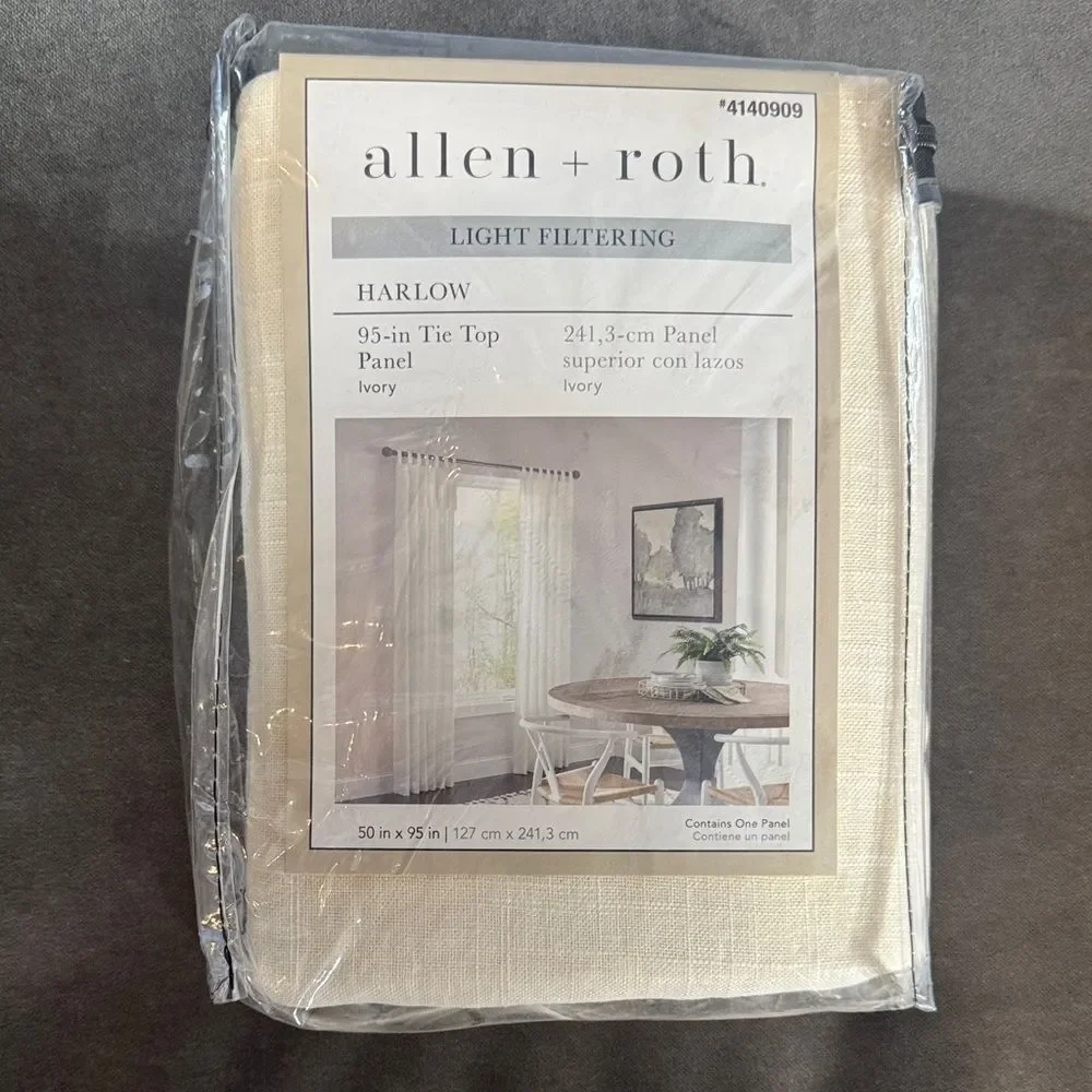 Allen + Roth Harlow Ivory Light Filtering Tie Top ONE Curtain Panel 50x95” NEW